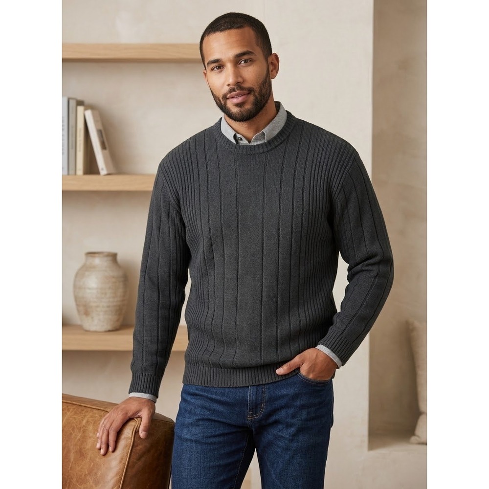 Ribbed Knit Crewneck Koman Sport Gray Acrylic Sweater Size L Large